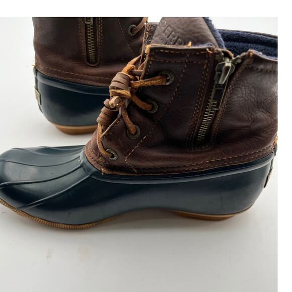 Sperry Saltwater Duck Boots Womens Size 7 Brown Leather Navy Rubber STS91175 - Picture 12 of 14